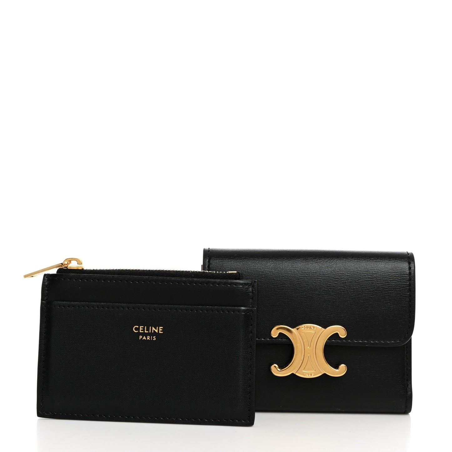 Calfskin Compact Triomphe Wallet With Coin Purse Black