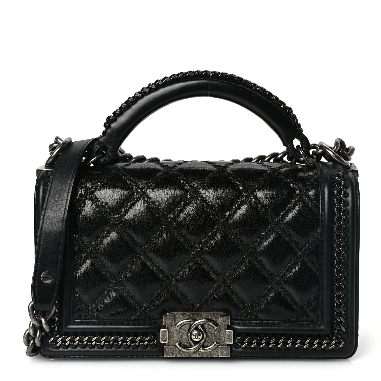Goatskin Quilted Medium Boy Top Handle Flap Black