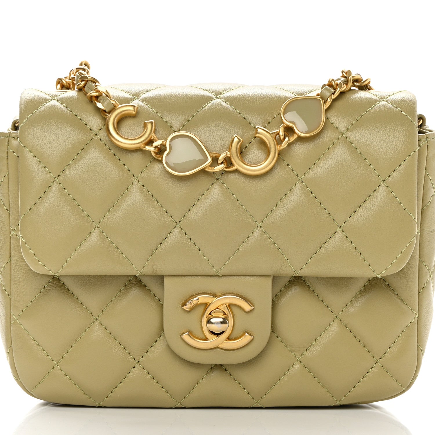 Chanel Lambskin Enamel Quilted Mini Coco Hearts Square Flap Light Green 8 of 13