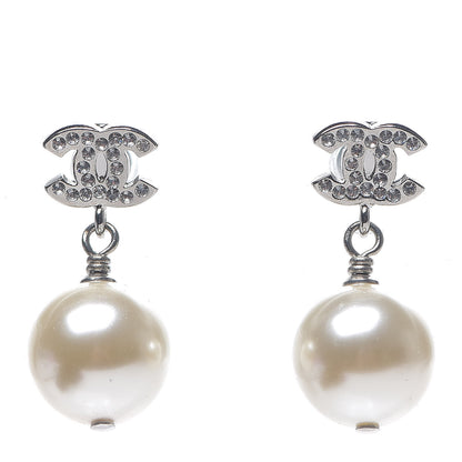 Chanel Crystal Pearl CC Drop Earrings Silver Pearly White 1 of 5