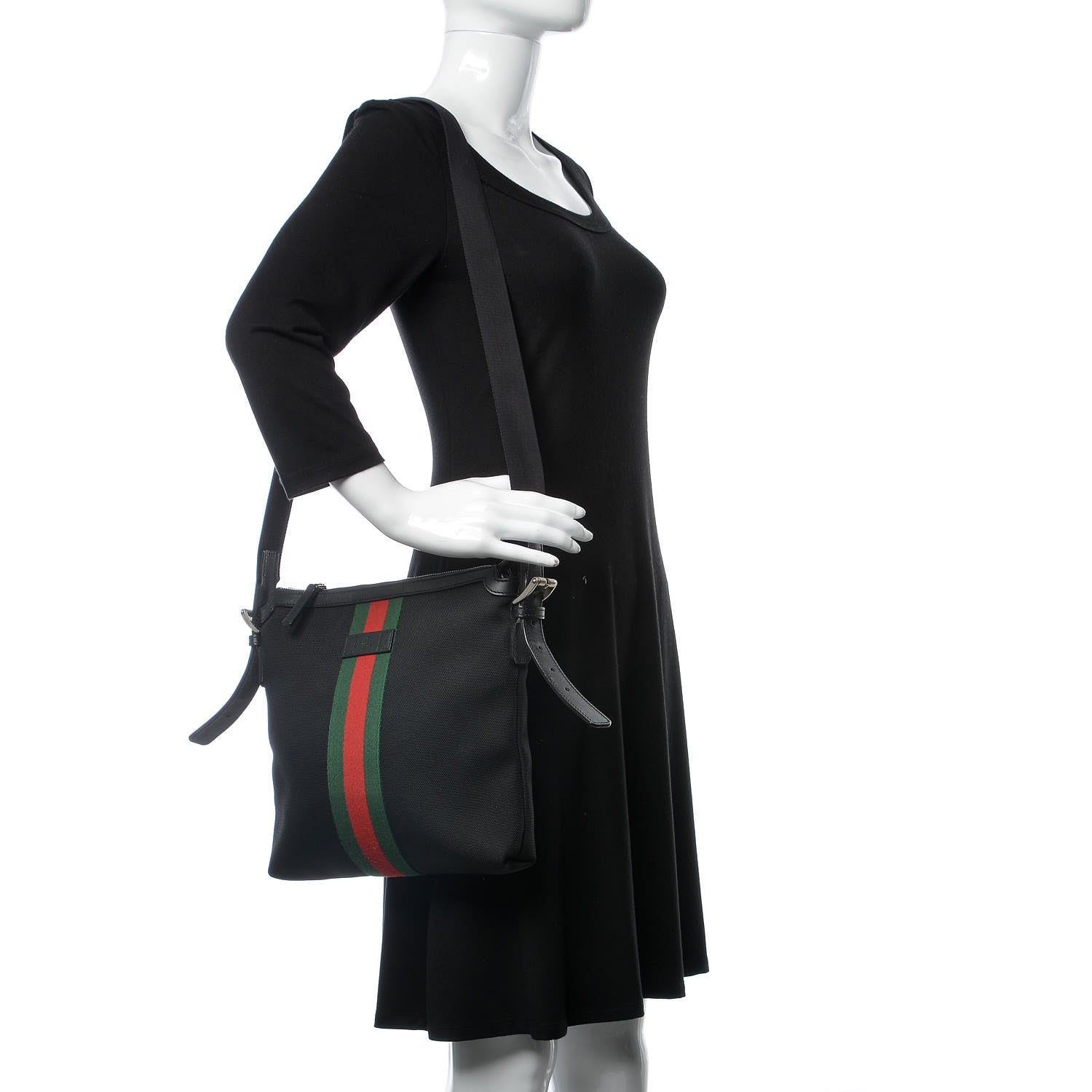 Gucci Techno Canvas Selleria Calfskin Web Small Flat Messenger Bag Black 2 of 13