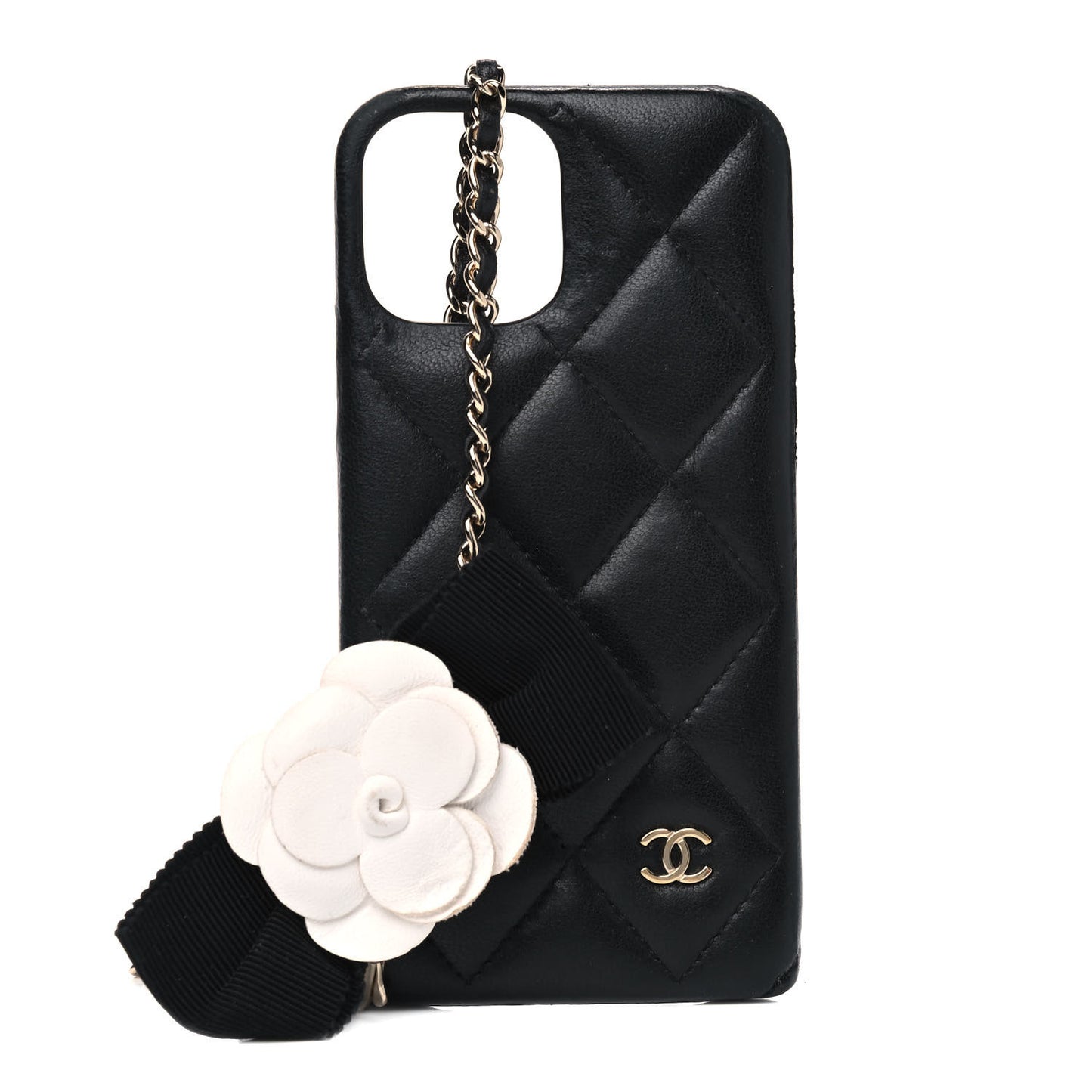Lambskin Quilted Camellia Bow iPhone XII Pro Case With Chain Black