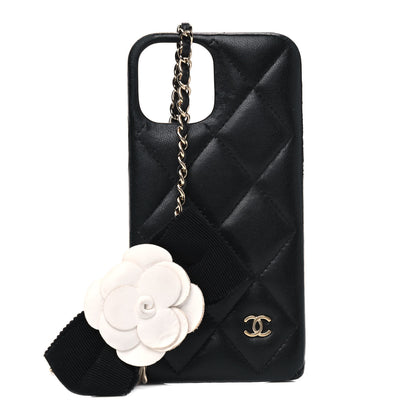 Chanel Lambskin Quilted Camellia Bow iPhone XII Pro Case With Chain Black 1 of 9