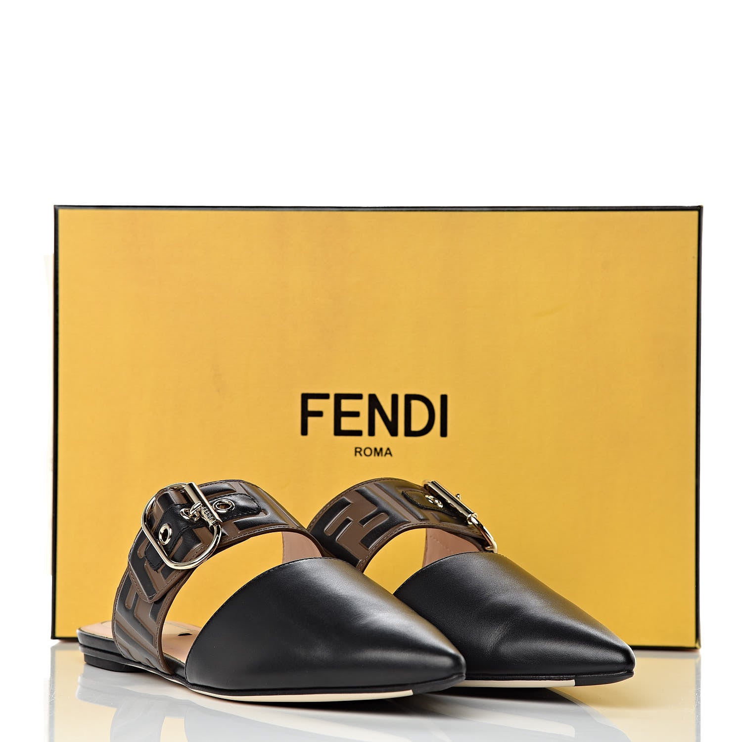 Fendi Vitello FF Embossed Buckle Flat Mules 37.5 Maya Black 8 of 8