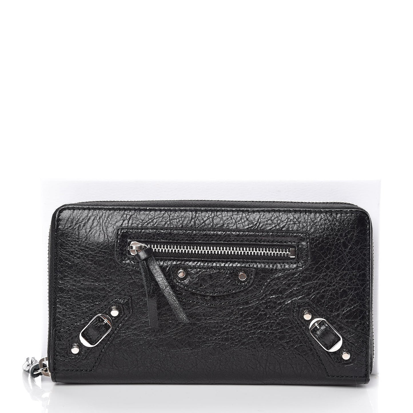 Agneau Classic Silver Hardware Continental Zip Around Wallet Black