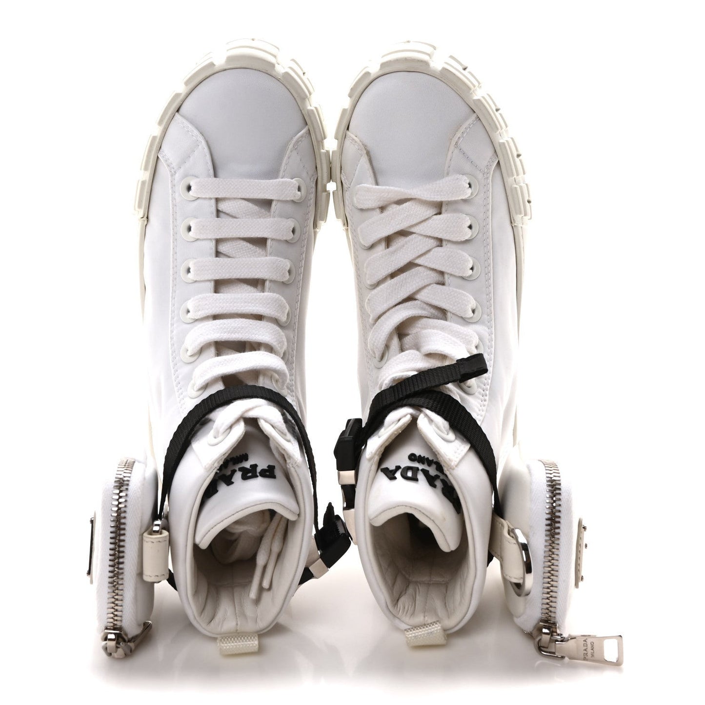 Re-Nylon Gabardine Metal Triangle Logo Wheel Pouch Pocket High Top Sneakers 35.5 White