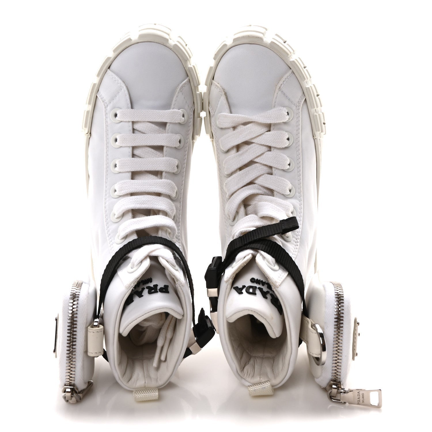 Prada Re-Nylon Gabardine Metal Triangle Logo Wheel Pouch Pocket High Top Sneakers 35.5 White 2 of 7