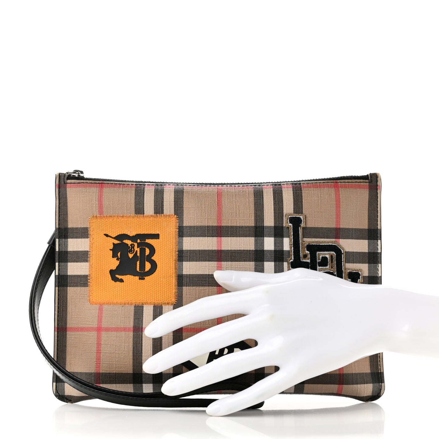 Coated Canvas House Check Patches Zip Pouch Black