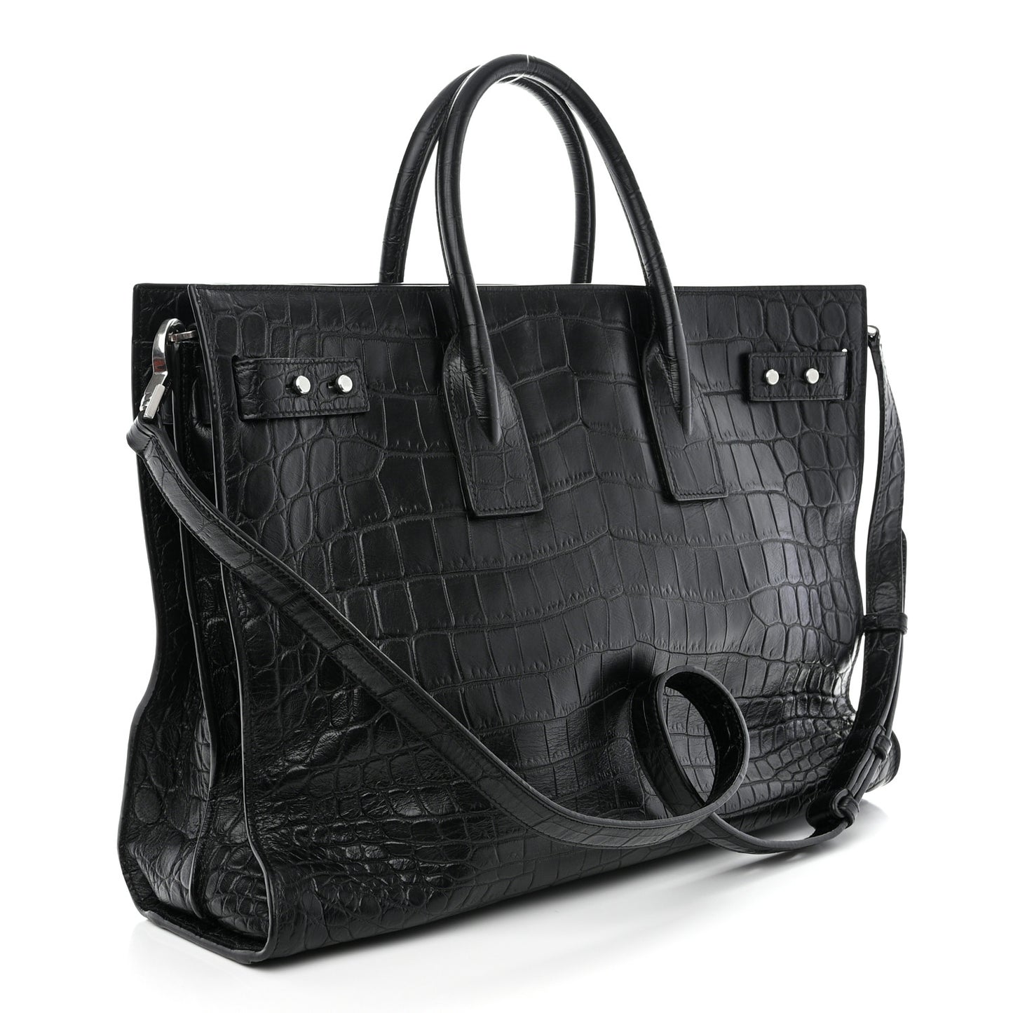 SAINT LAURENT Calfskin Crocodile Embossed Large Thin Sac De Jour Black