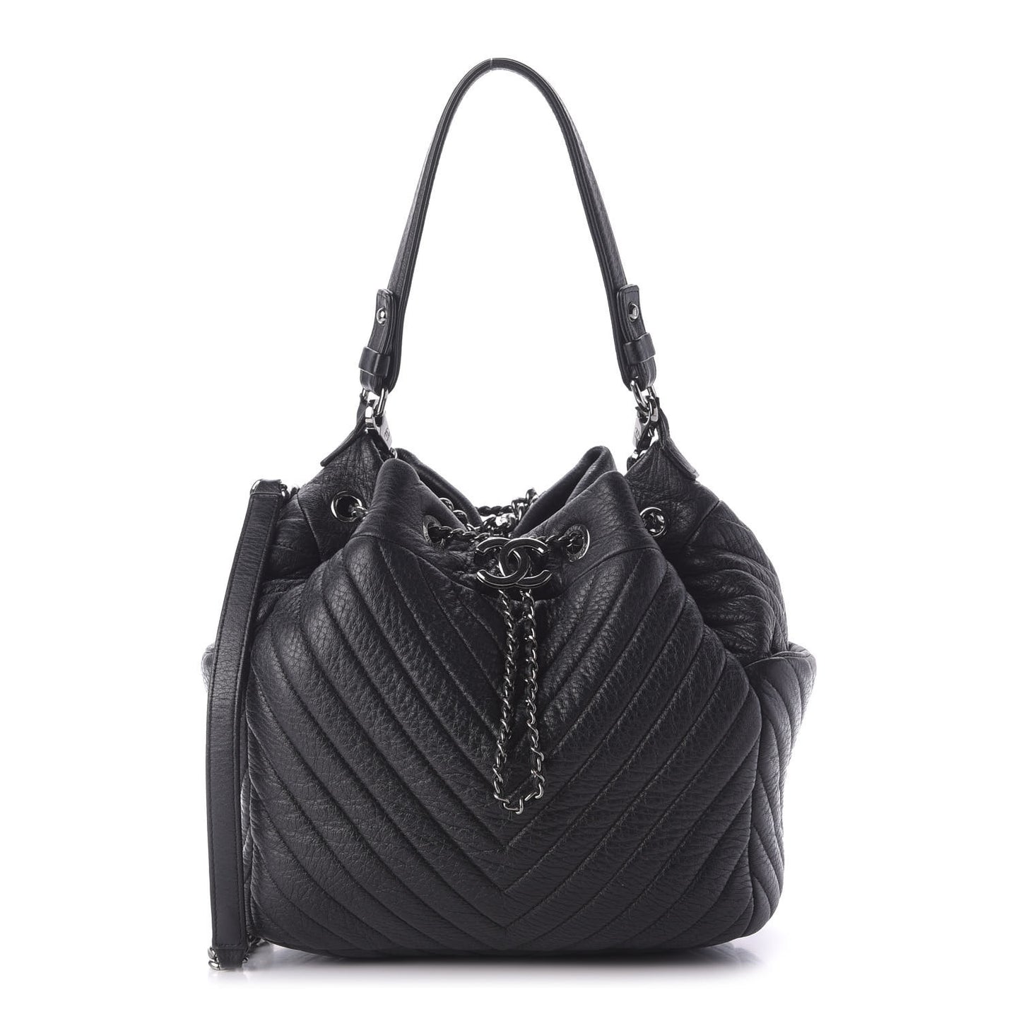 Deerskin Chevron Medium CC Chain Bucket Drawstring Bag Black