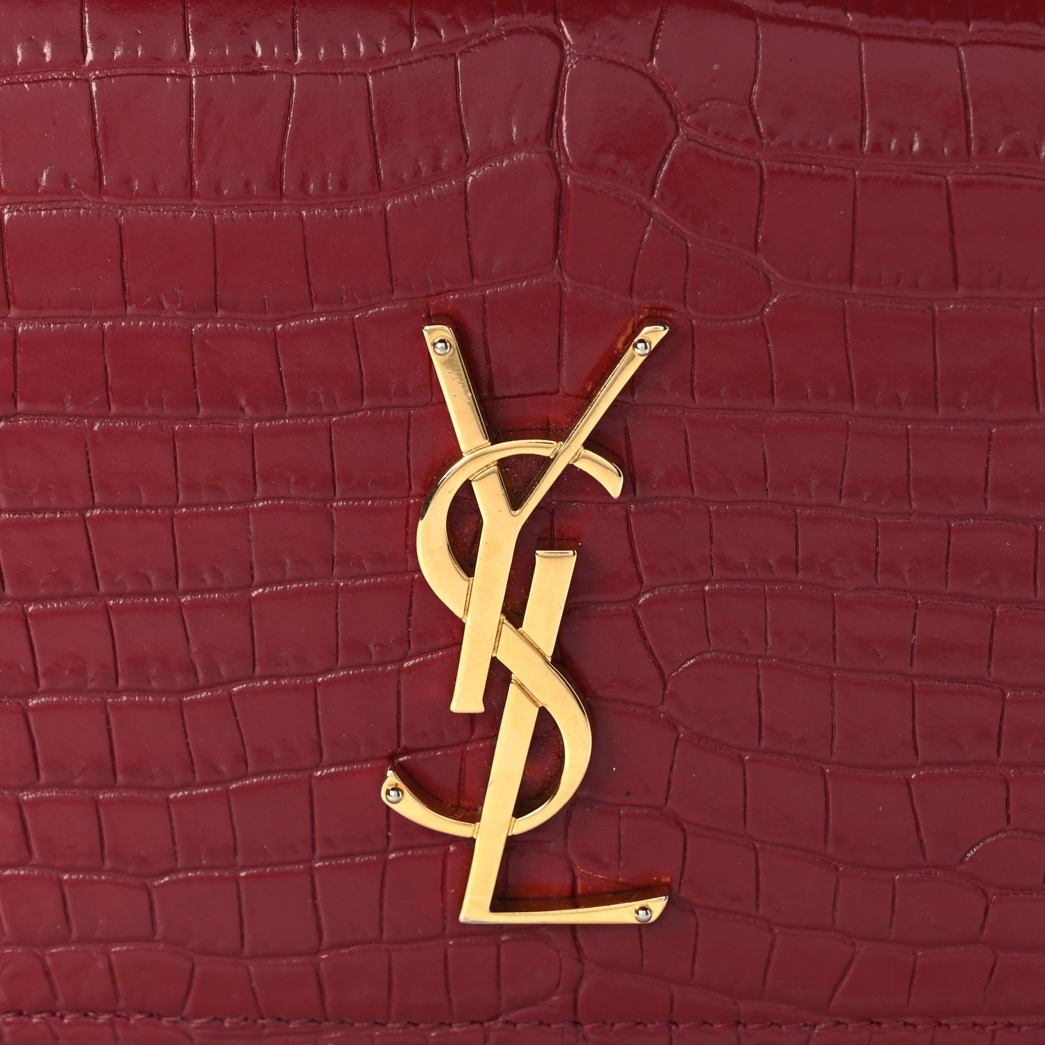 Saint Laurent Calfskin Crocodile Embossed Monogram Sunset Top Handle Chain Wallet Rouge Legion 6 of 8