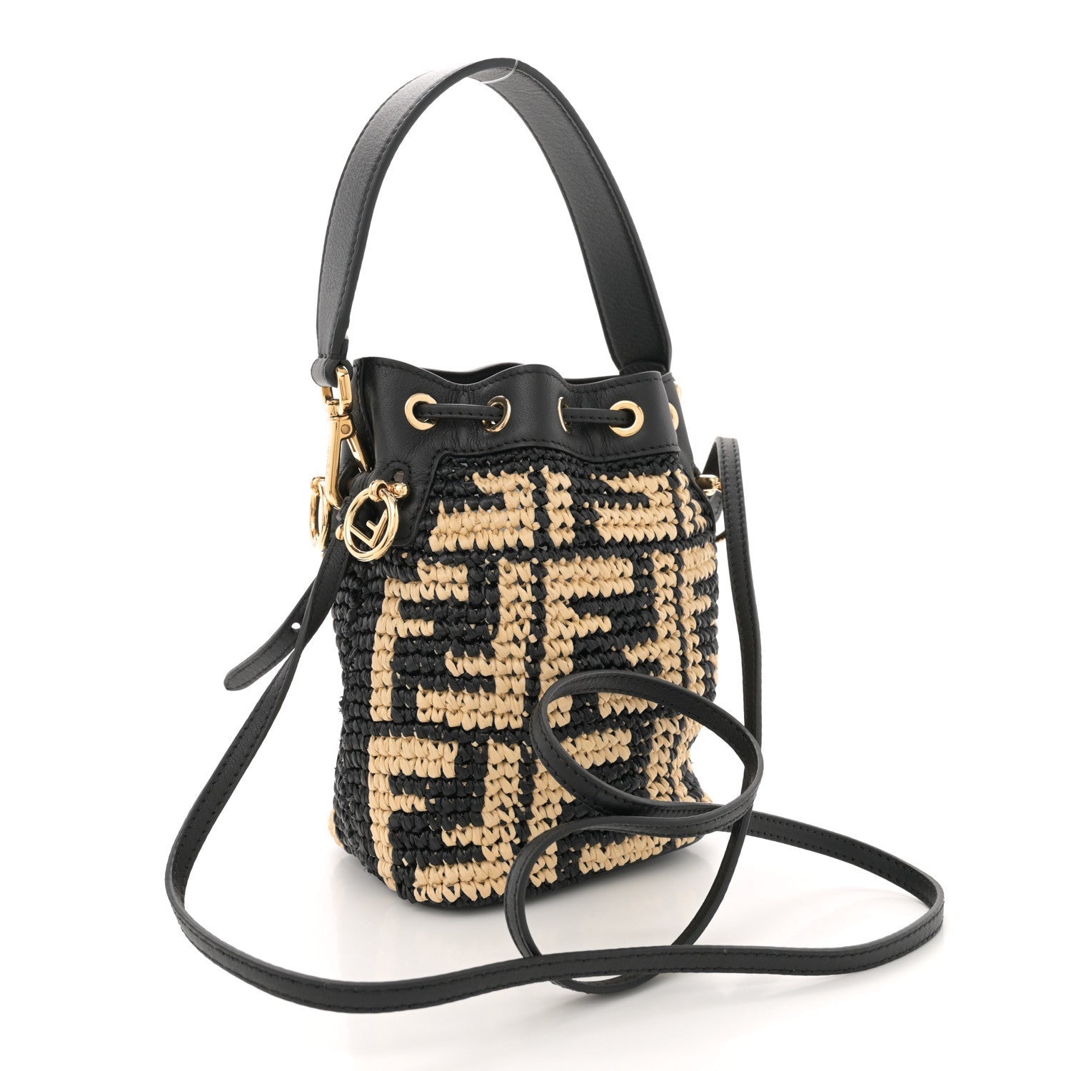 Fendi Raffia Vitello Seta F is FF Woven Mini Mon Tresor Bucket Bag Black Natural 3 of 7