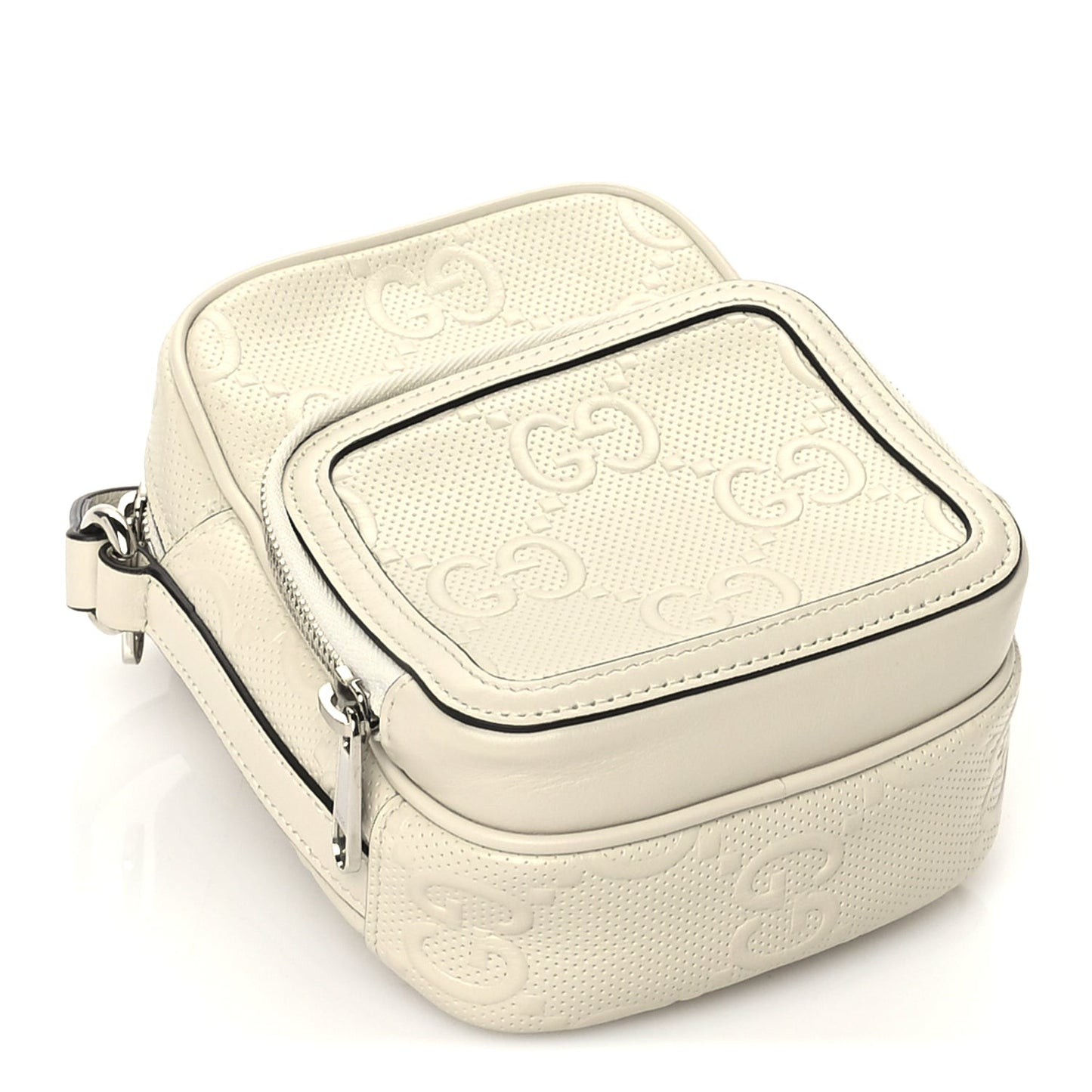 Calfskin GG Tennis Embossed Mini Double Zip Messenger Bag Mystic White