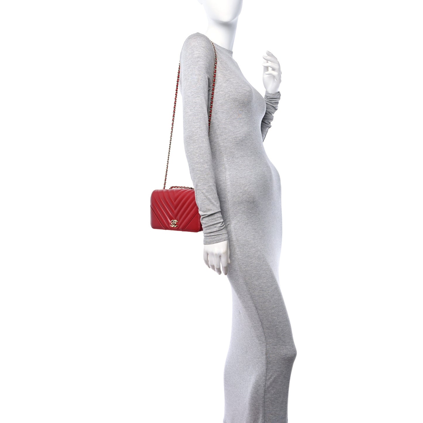 Calfskin Chevron Quilted Mini Statement Flap Red