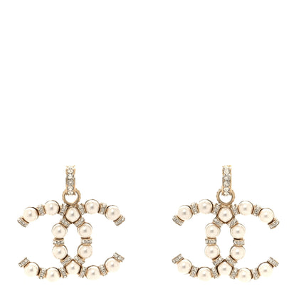 Chanel Pearl Crystal Nefertiti CC Drop Earrings Gold 1 of 5