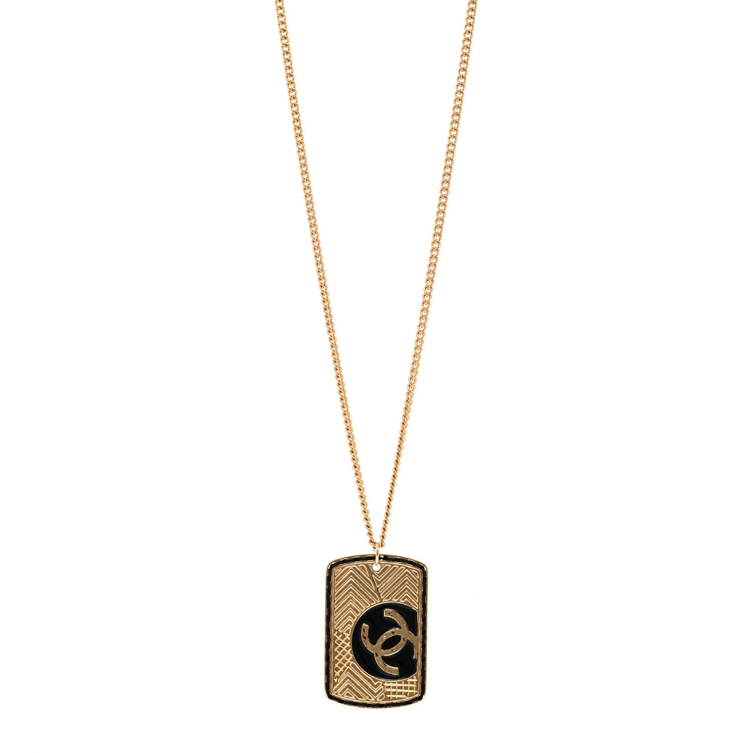Chanel CC ID Dog Tag Charm Necklace Gold Black 1 of 5