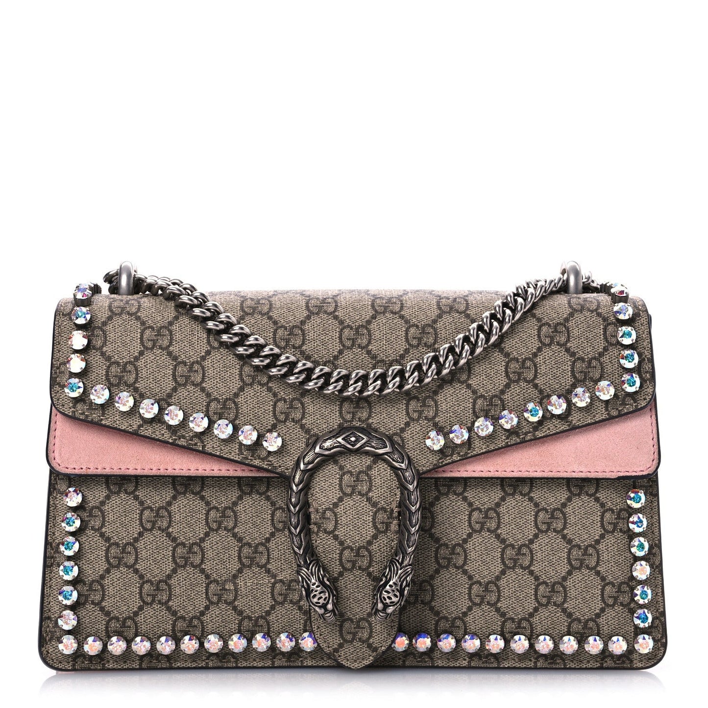 GG Supreme Monogram Suede Crystal Small Dionysus Shoulder Bag Beige Ebony Light Peonia