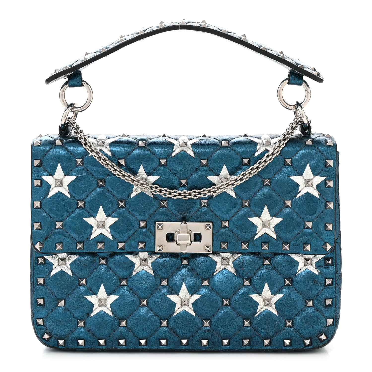 Valentino Garavani Metallic Wrinkled Lambskin Star Medium Rockstud Spike Shoulder Bag Peacock 1 of 10