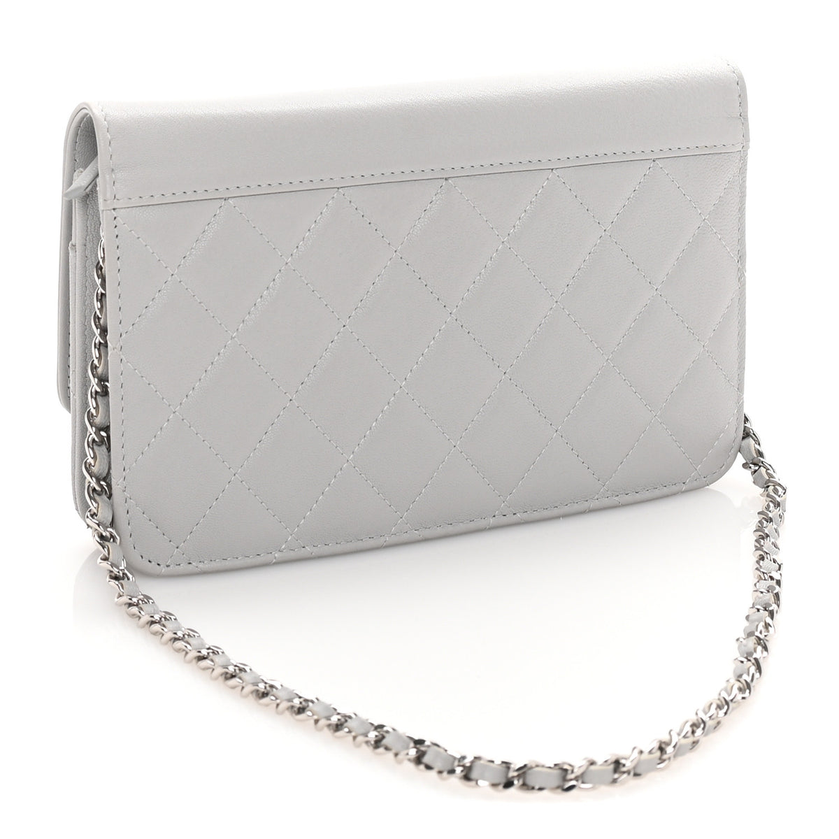 Grained Calfskin Quilted CC Box Wallet On Chain WOC Grey