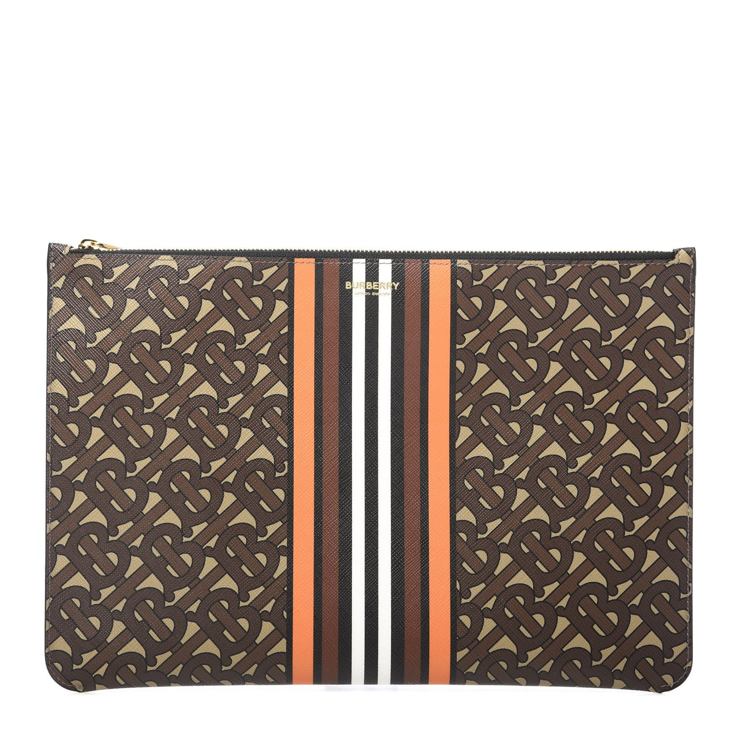 E-Canvas Monogram Stripe Zip Pouch Brown Orange