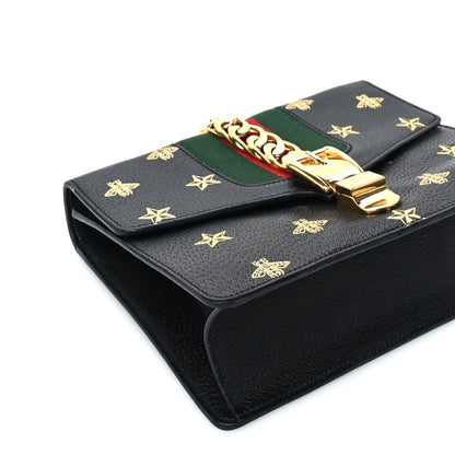 Gucci Textured Calfskin Bee Star Print Small Sylvie Shoulder Bag Black 7 of 8