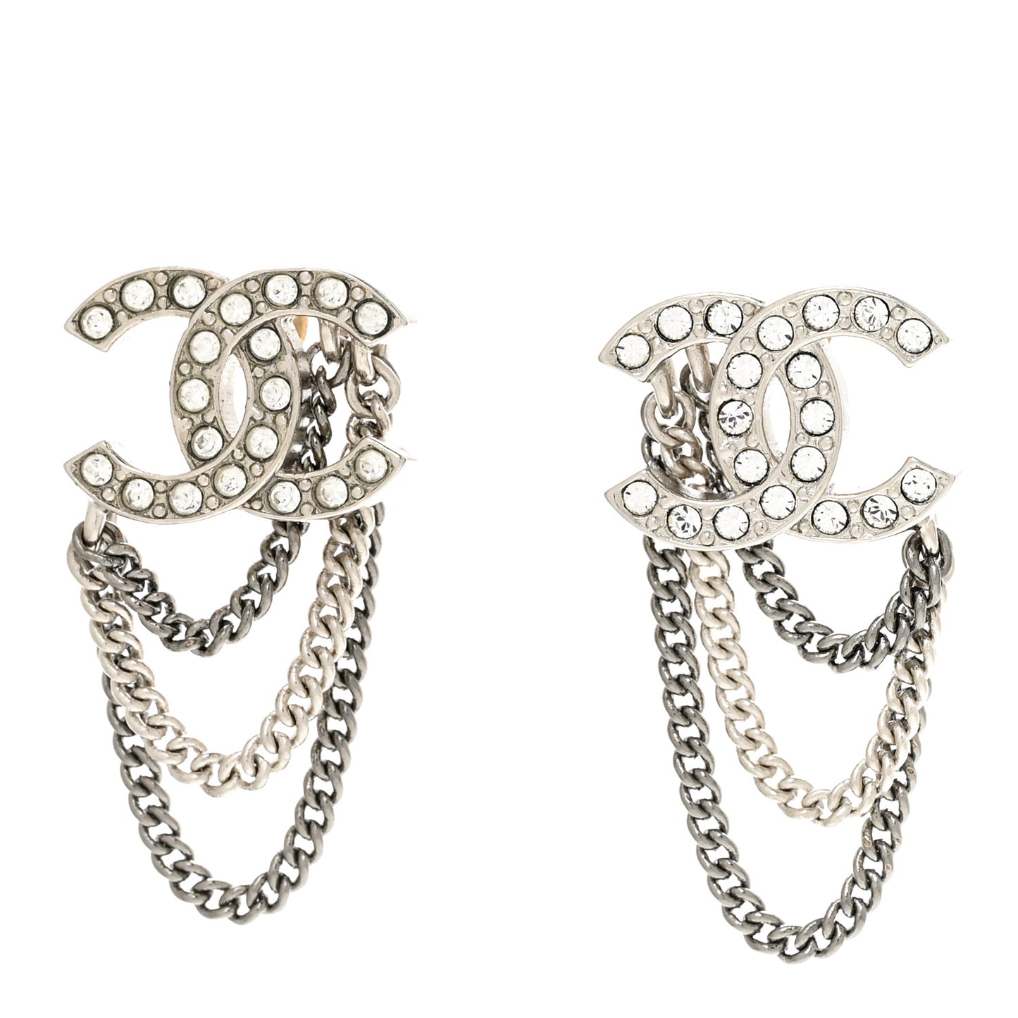 Crystal Chain CC Earrings Silver