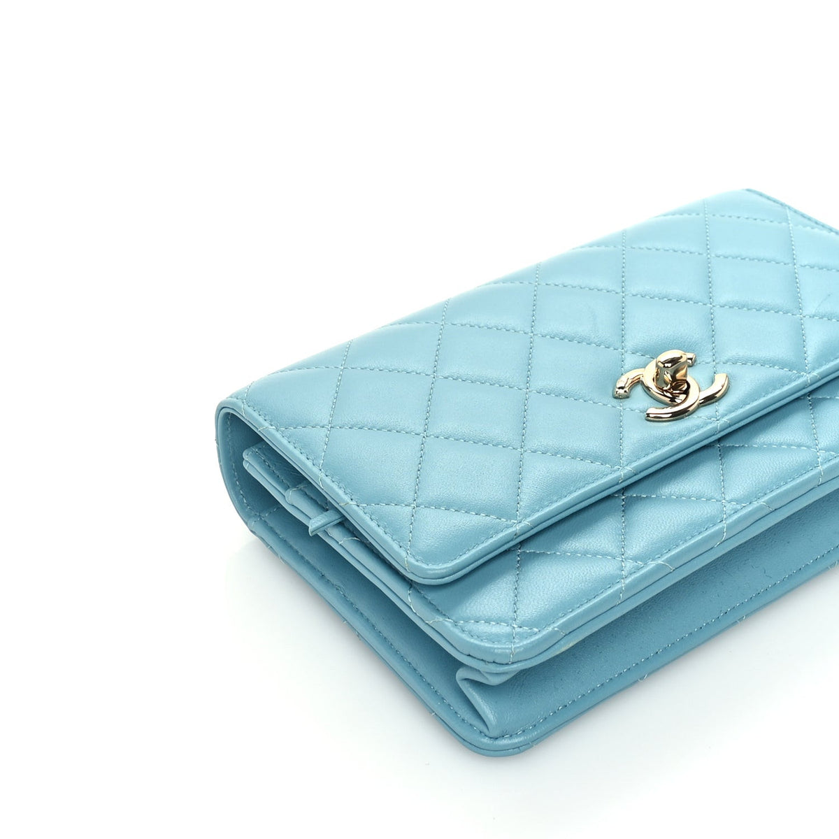 Lambskin Quilted Trendy CC Wallet On Chain WOC Light Blue