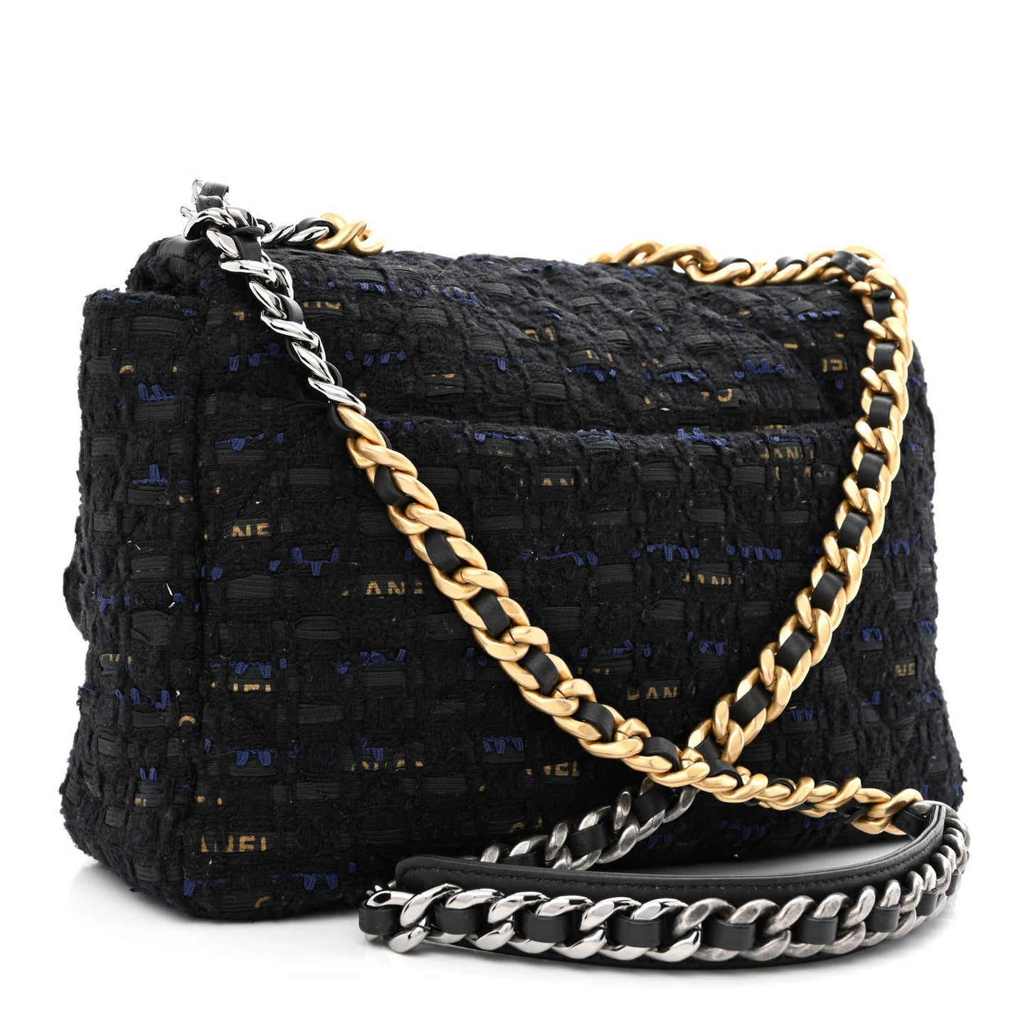 Tweed Quilted Large 19 Flap Black Navy Gold