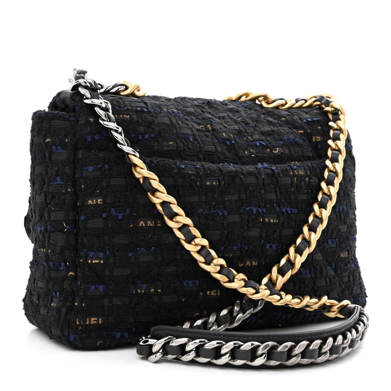 Chanel Tweed Quilted Large 19 Flap Black Navy Gold 3 of 7