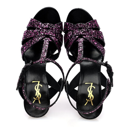 Saint Laurent Glitter Calfskin Ayers Tribute 75 Platform Sandals 38 Black Fuchsia 6 of 7