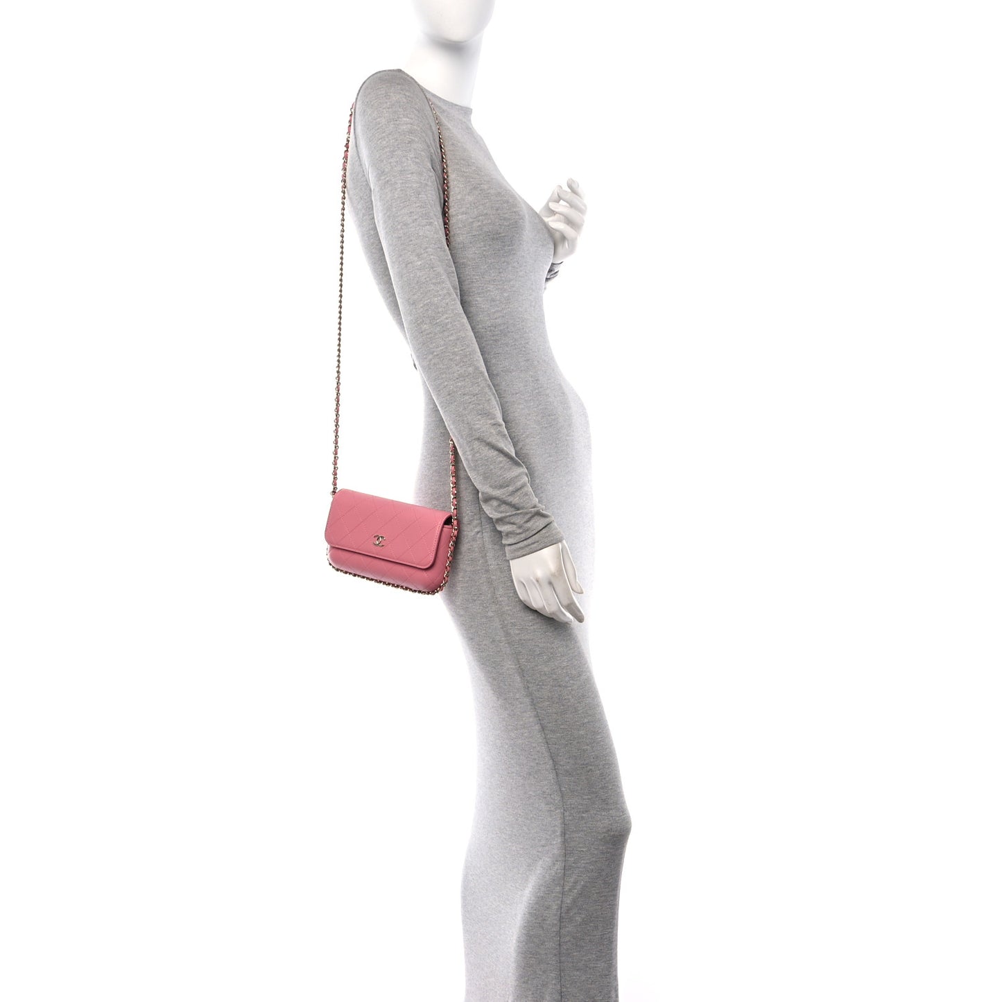 Calfskin Diamond Stitched Chain Around Flap Phone Holder Dark Pink