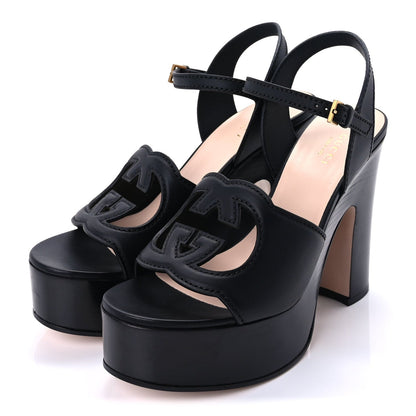 Gucci Cosmos Softy Calfskin Wooden Interlocking G Cut-Out 30/120mm Platform Sandals 38  Black 3 of 9