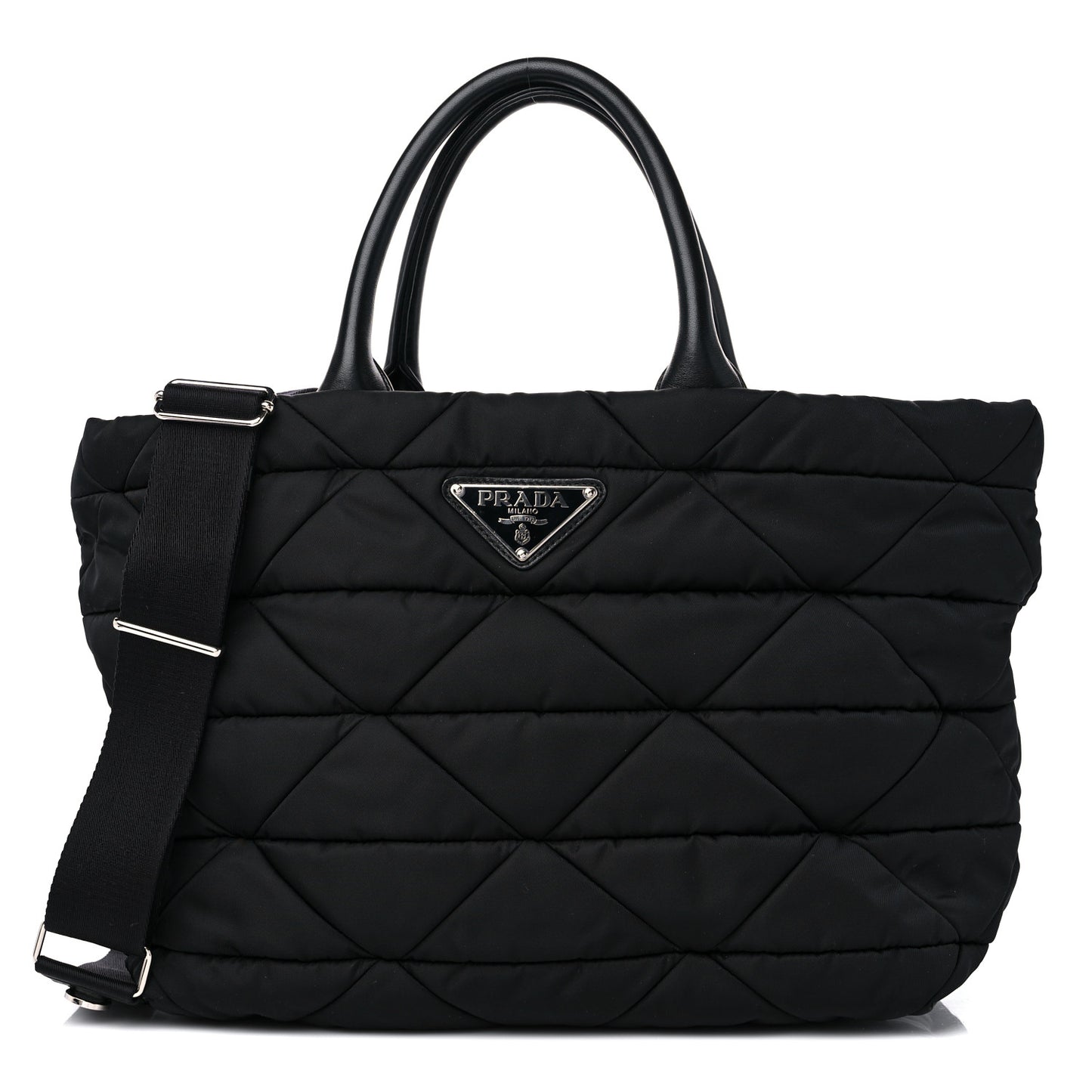 Re-Nylon Nappa Triangle Quilted Padded Small Double Handled Zip Tote Black