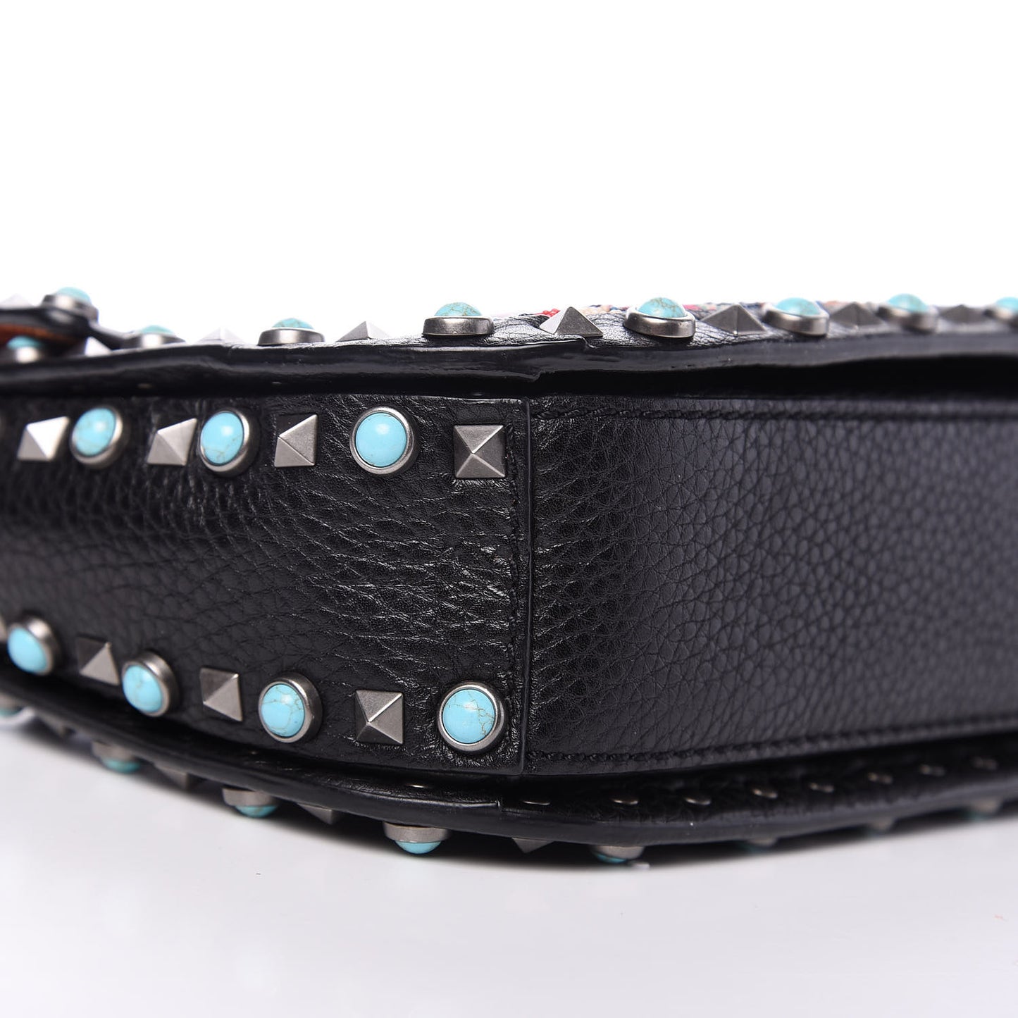 Pebbled Calfskin Beaded Medium Guitar Strap Rockstud Rolling Flap Saddle Bag Black