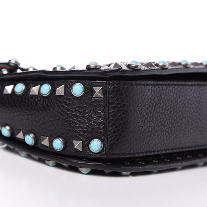 Valentino Garavani Pebbled Calfskin Beaded Medium Guitar Strap Rockstud Rolling Flap Saddle Bag Black 7 of 9