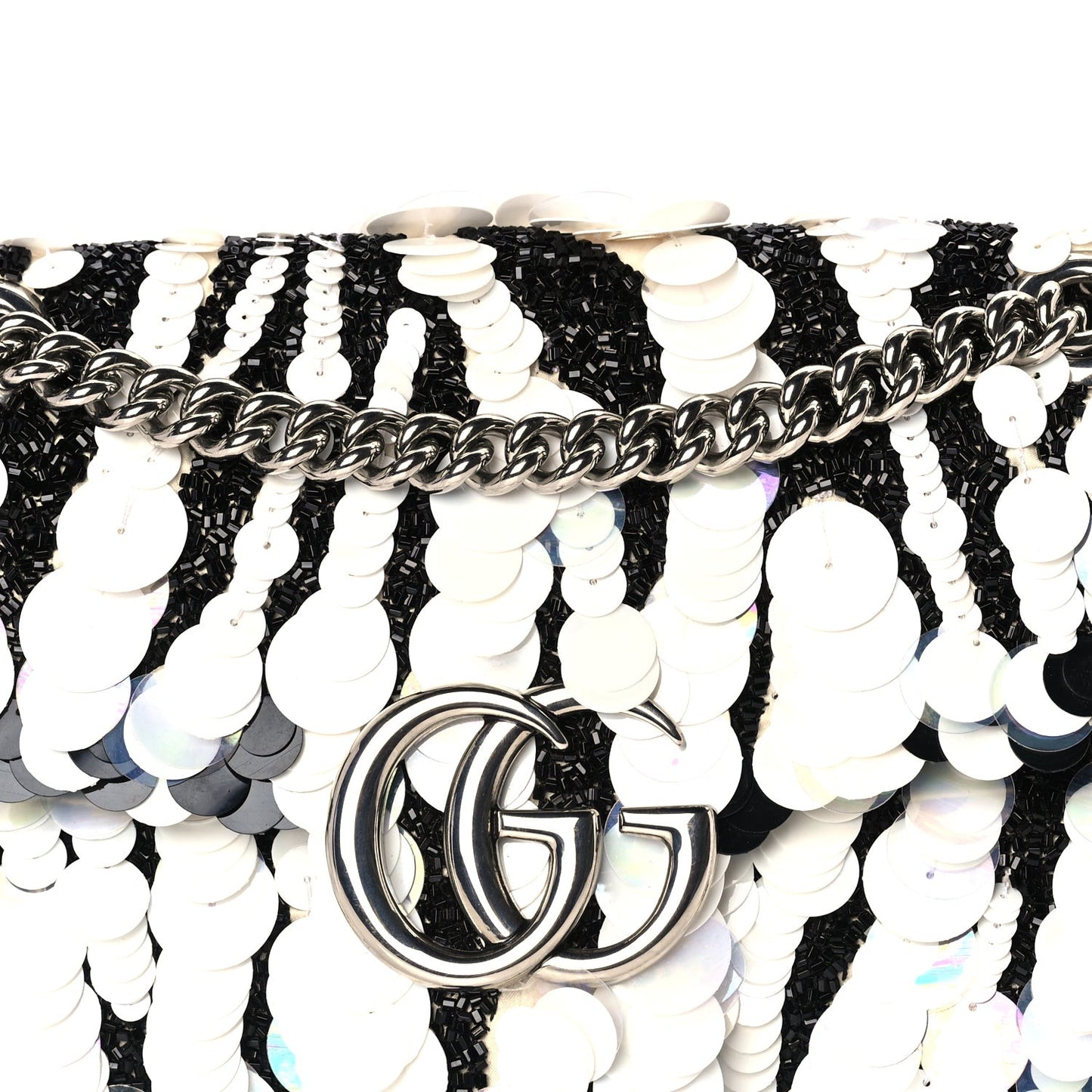 Satin Sequin Beaded Zebra Small GG Marmont Shoulder Bag  Black White
