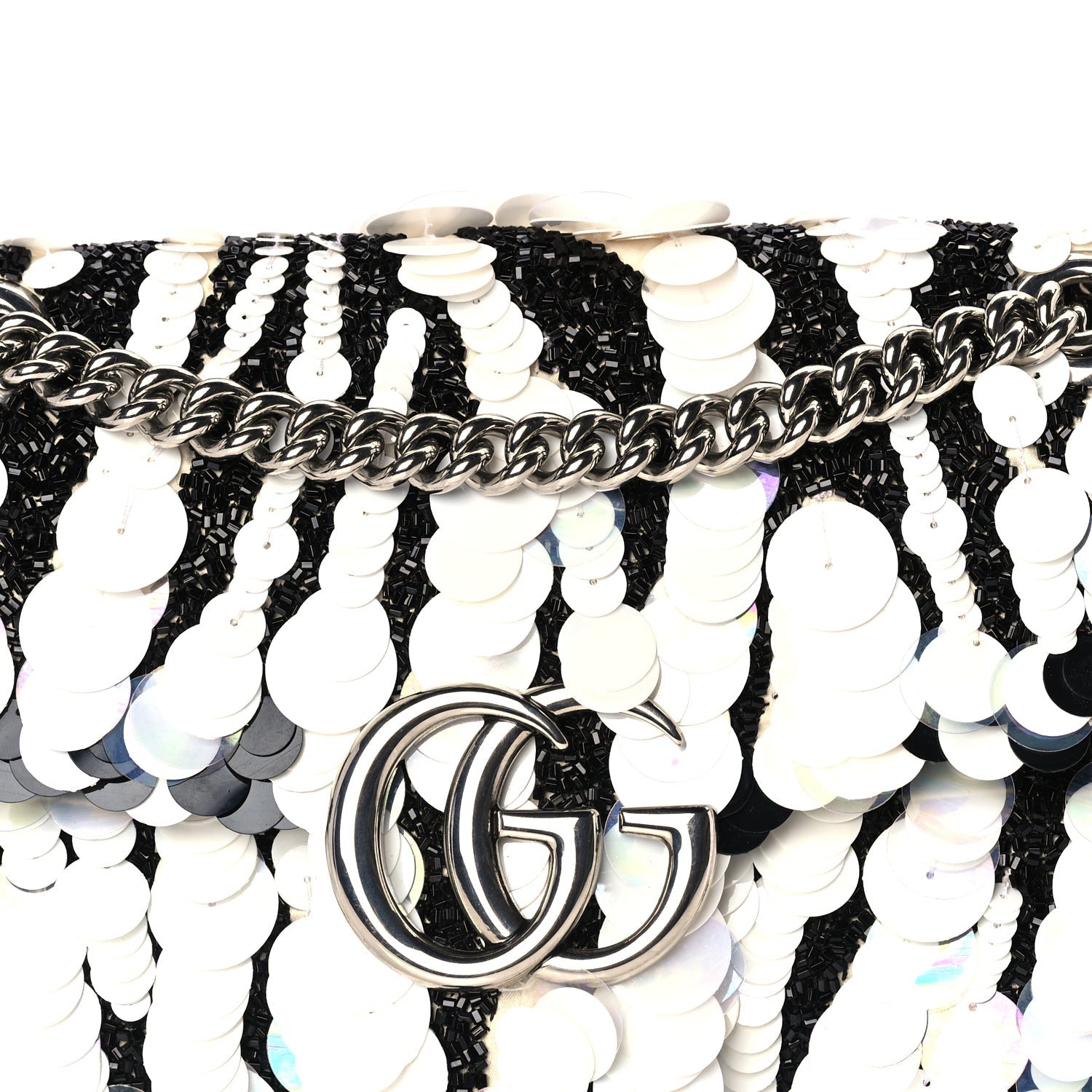 Gucci Satin Sequin Beaded Zebra Small GG Marmont Shoulder Bag  Black White 6 of 8