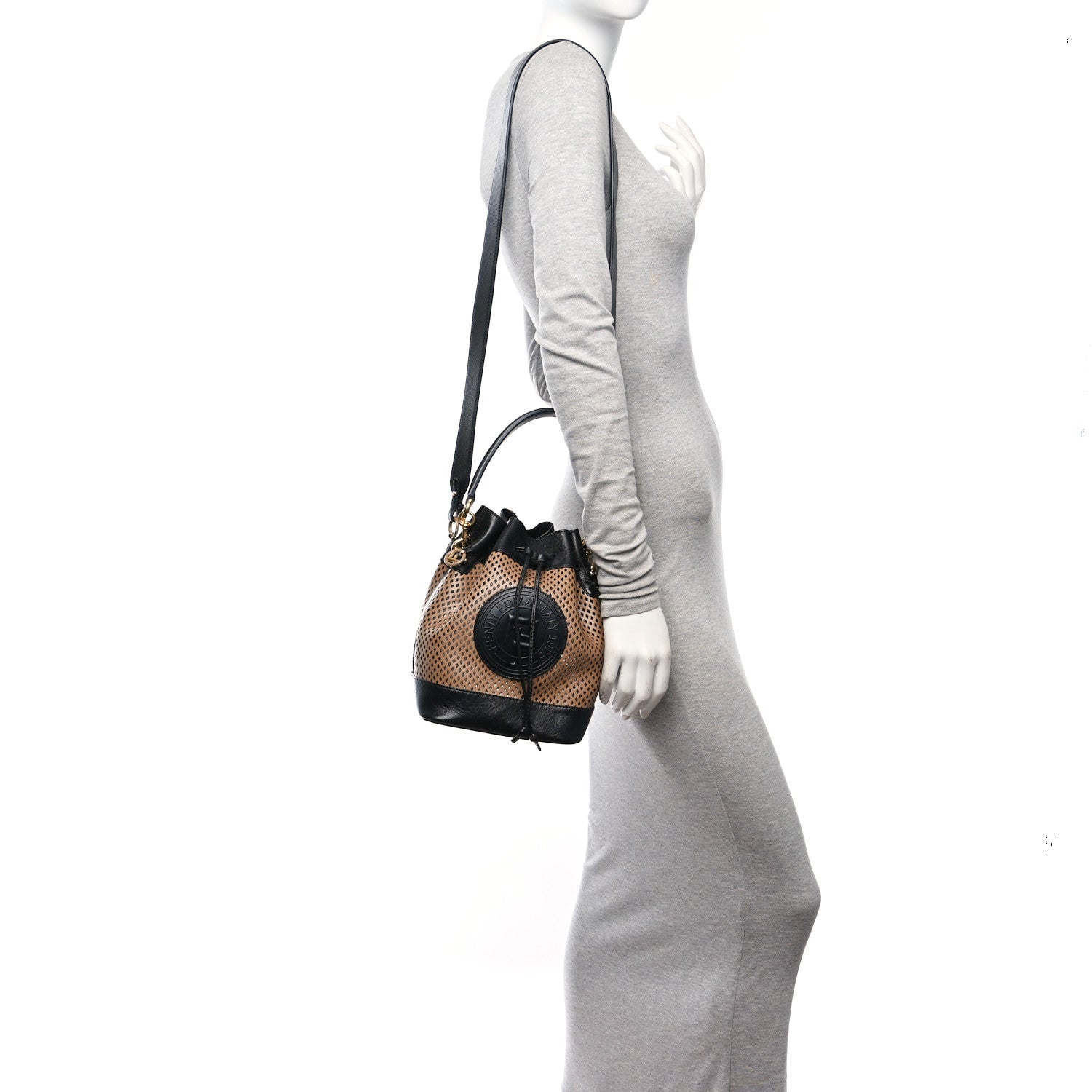 Fendi Vitello Liberty Glossy Lambskin F is Fendi Perforated Small Mon Tresor Bucket Bag Sand Mimosa Black 2 of 10