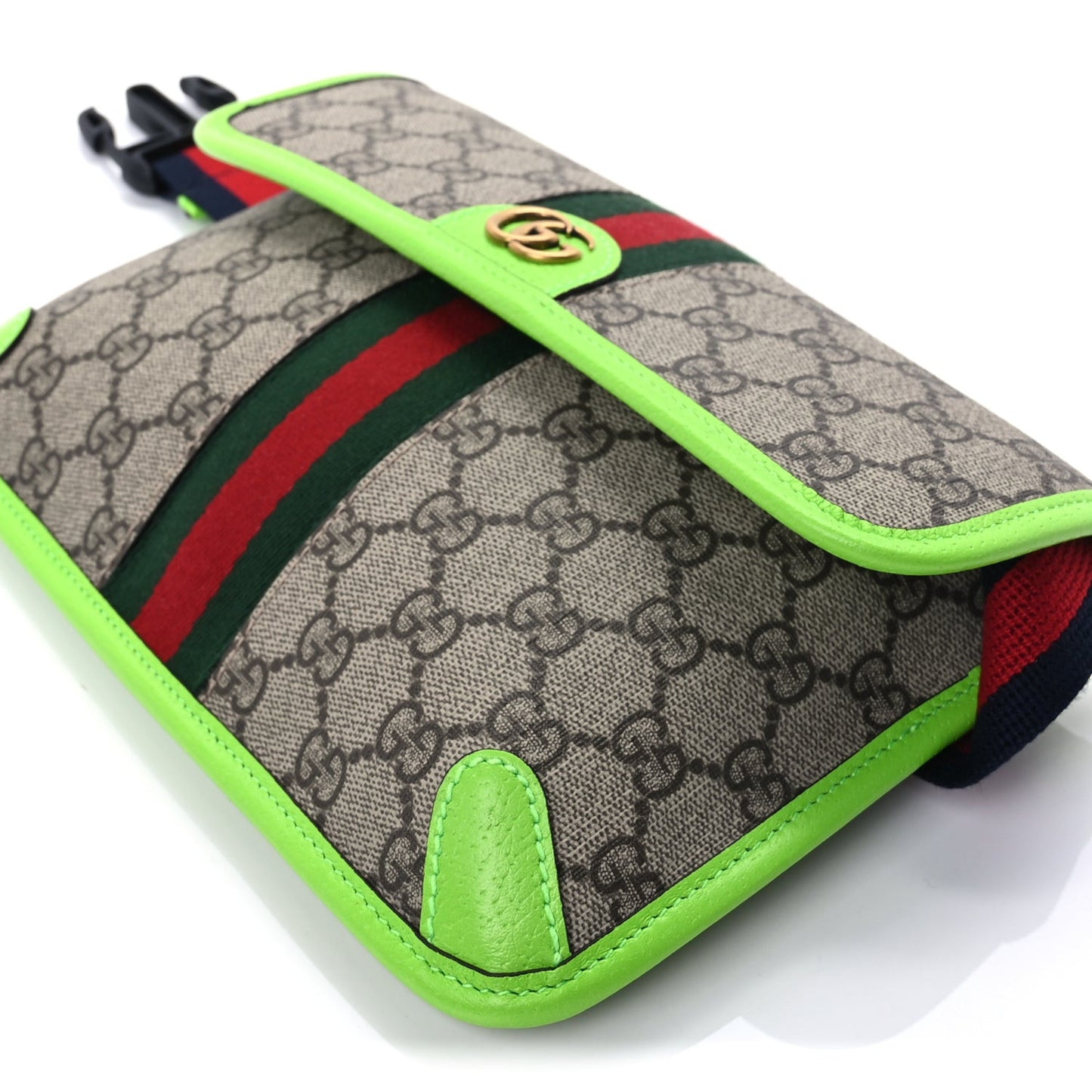 GG Supreme Monogram Web Small Ophidia Belt Bag Beige Ebony Electric Green Ebony Electric Green