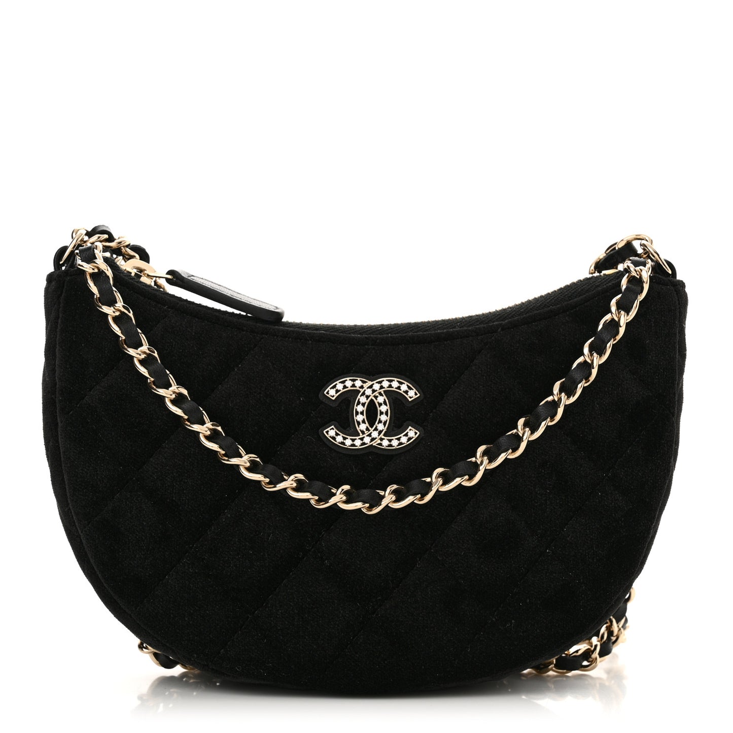 Velvet Crystal Quilted Chain Hobo Black