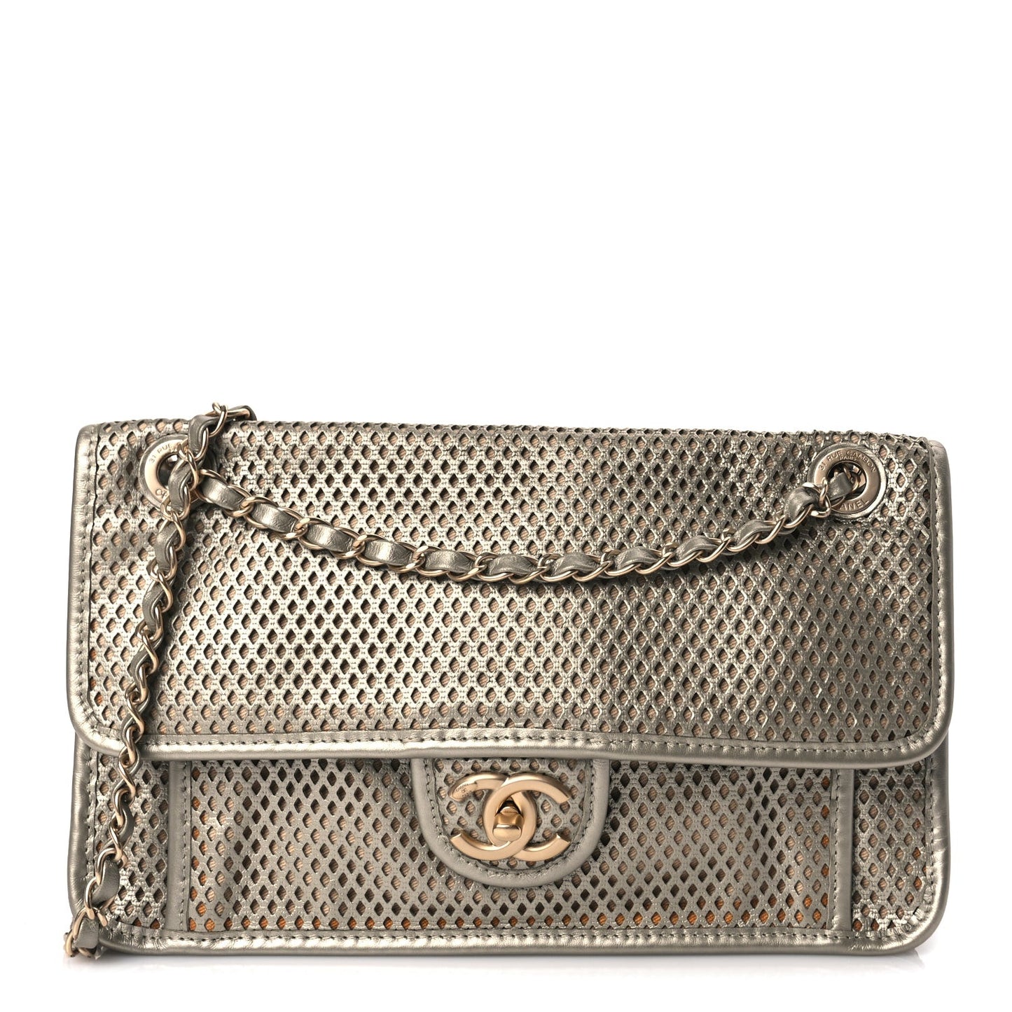 Perforated Calfskin Large Up In The Air Flap Light Gold