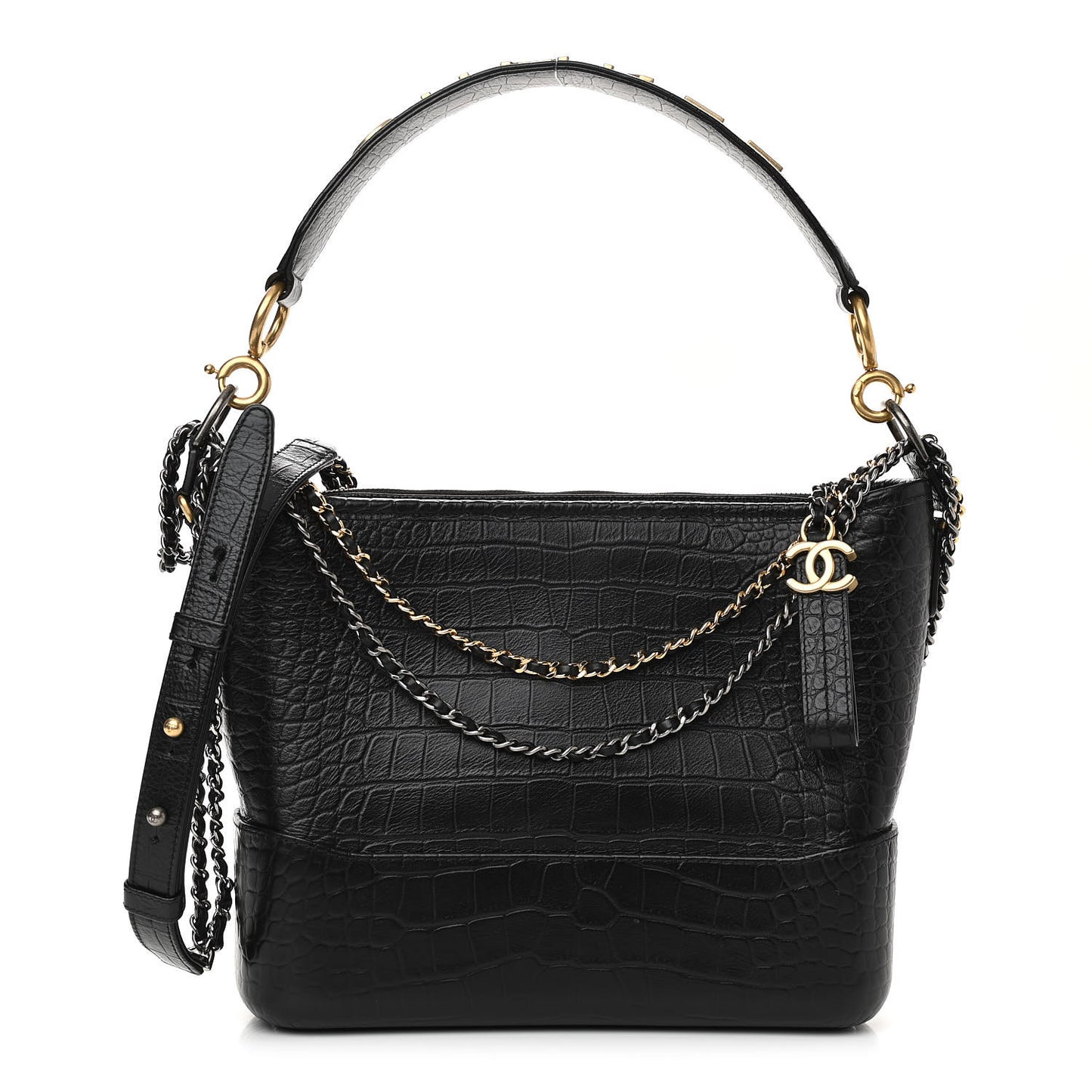 Crocodile Embossed Calfskin Medium Gabrielle Cocodile Hobo Black