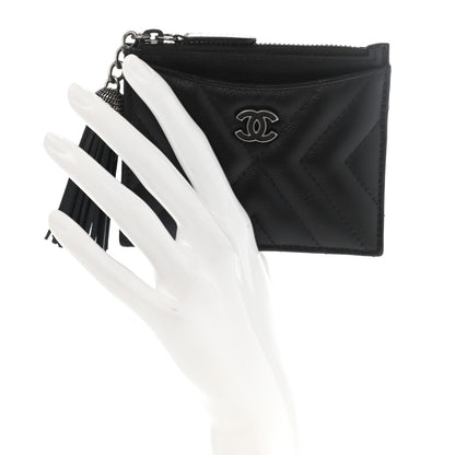 Chanel Calfskin Chevron Quilted Tassel Zip Card Holder Black 2 of 9