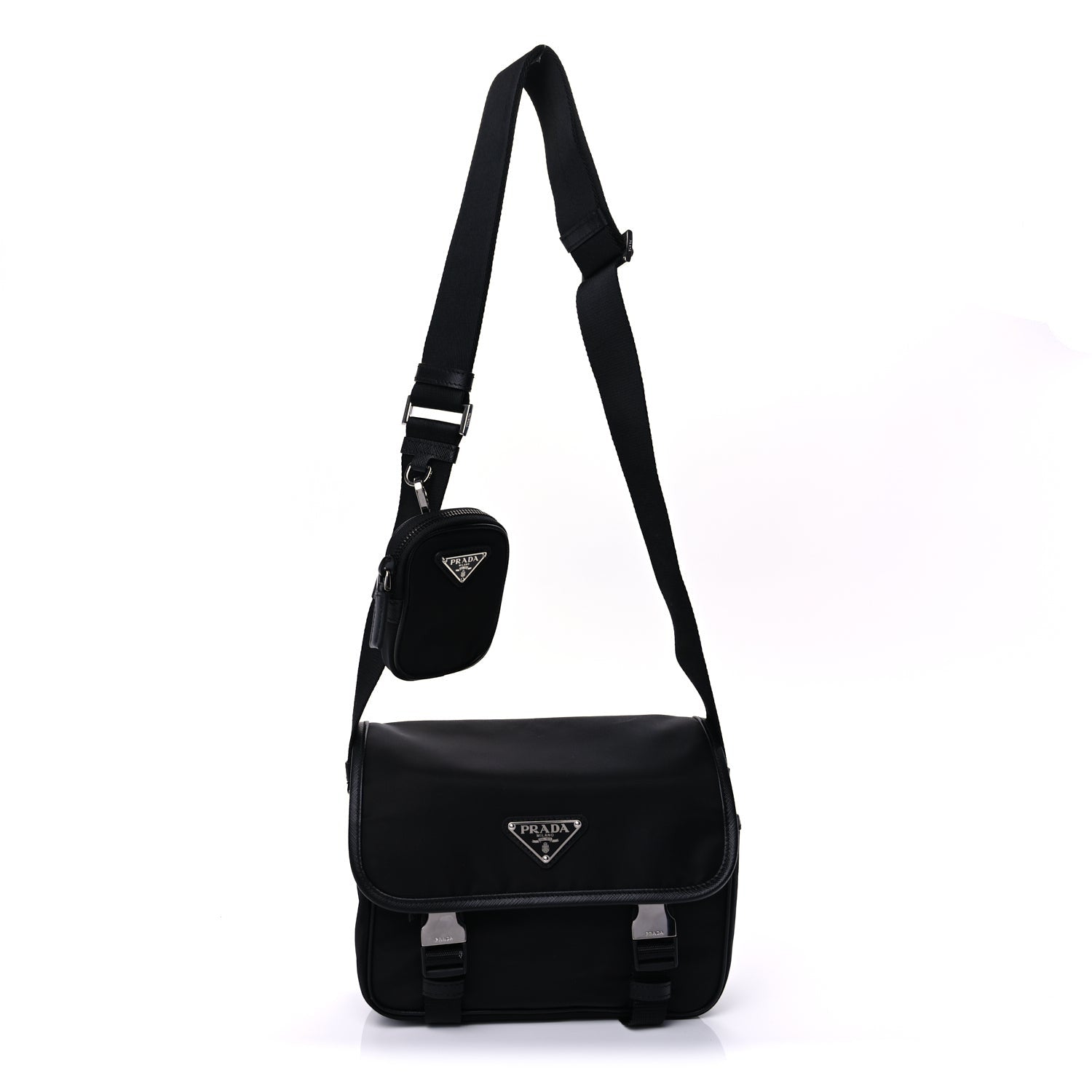 Prada Re-Nylon Saffiano Pocket Double Snap Buckle Shoulder Bag Black 1 of 6