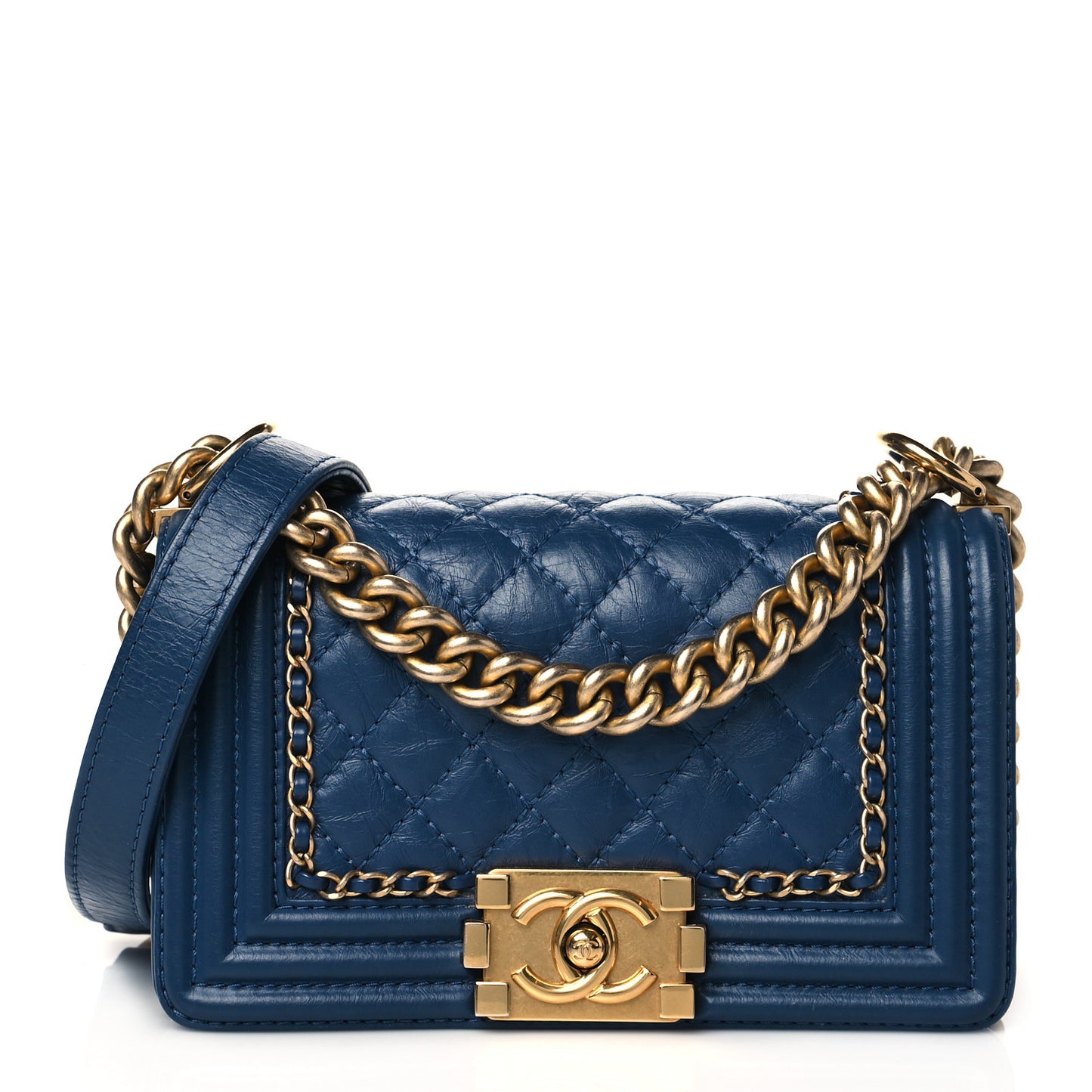 Aged Calfskin Quilted Small Jacket Boy Flap Navy