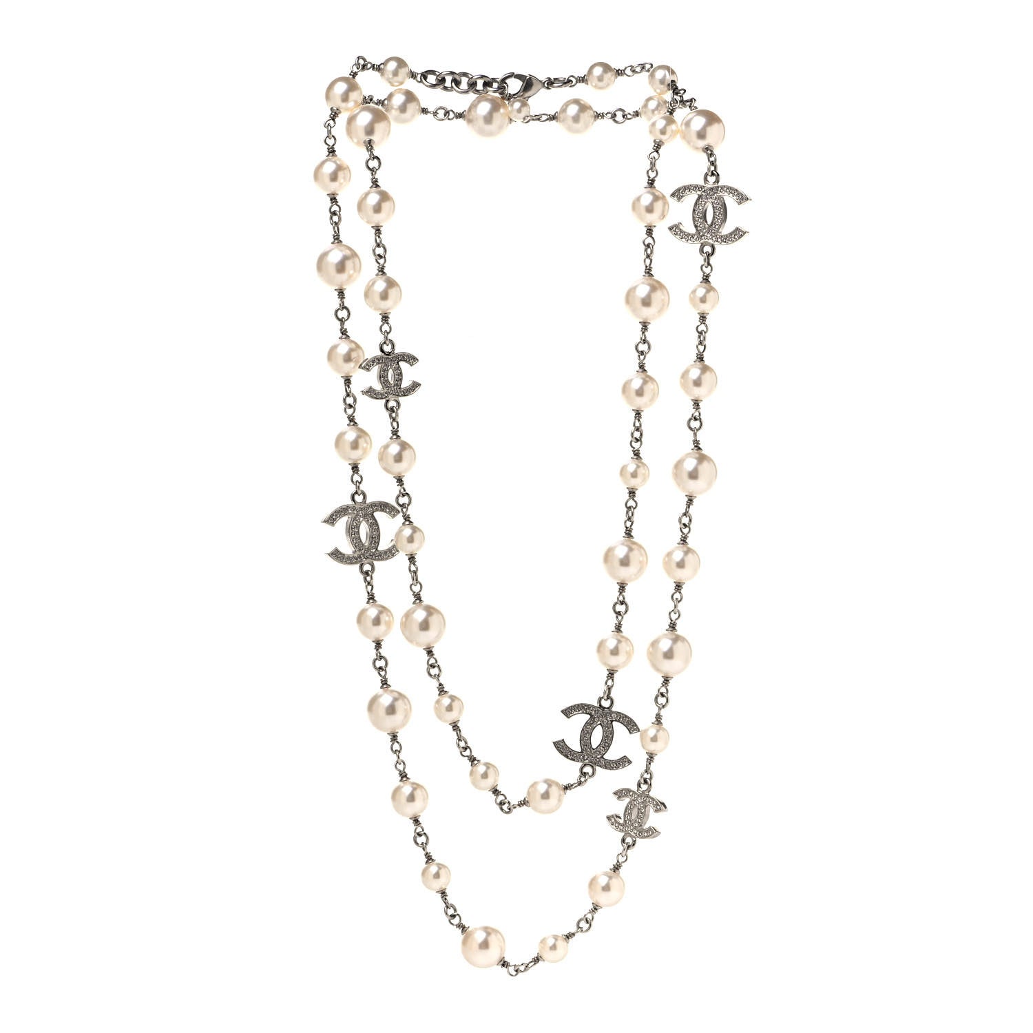 Chanel Graduated Pearl Crystal CC Long Necklace Silver 2 of 4