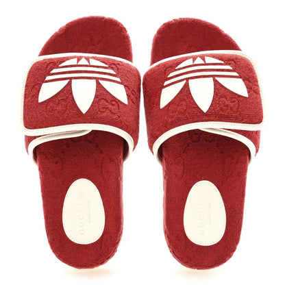 Gucci X ADIDAS Terry Cloth Trefoil GG Monogram Womens Platform Sandals 38 Maple Red Off White 2 of 7