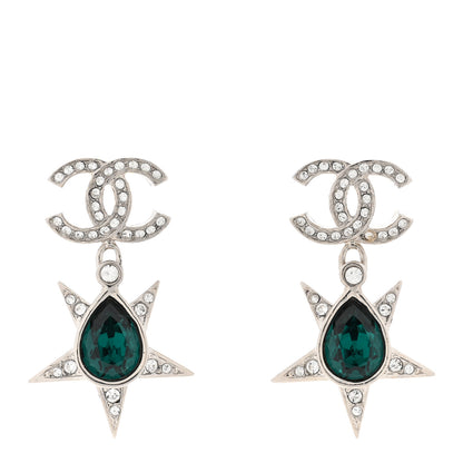 Chanel Crystal CC Star Earrings Silver Green 1 of 5