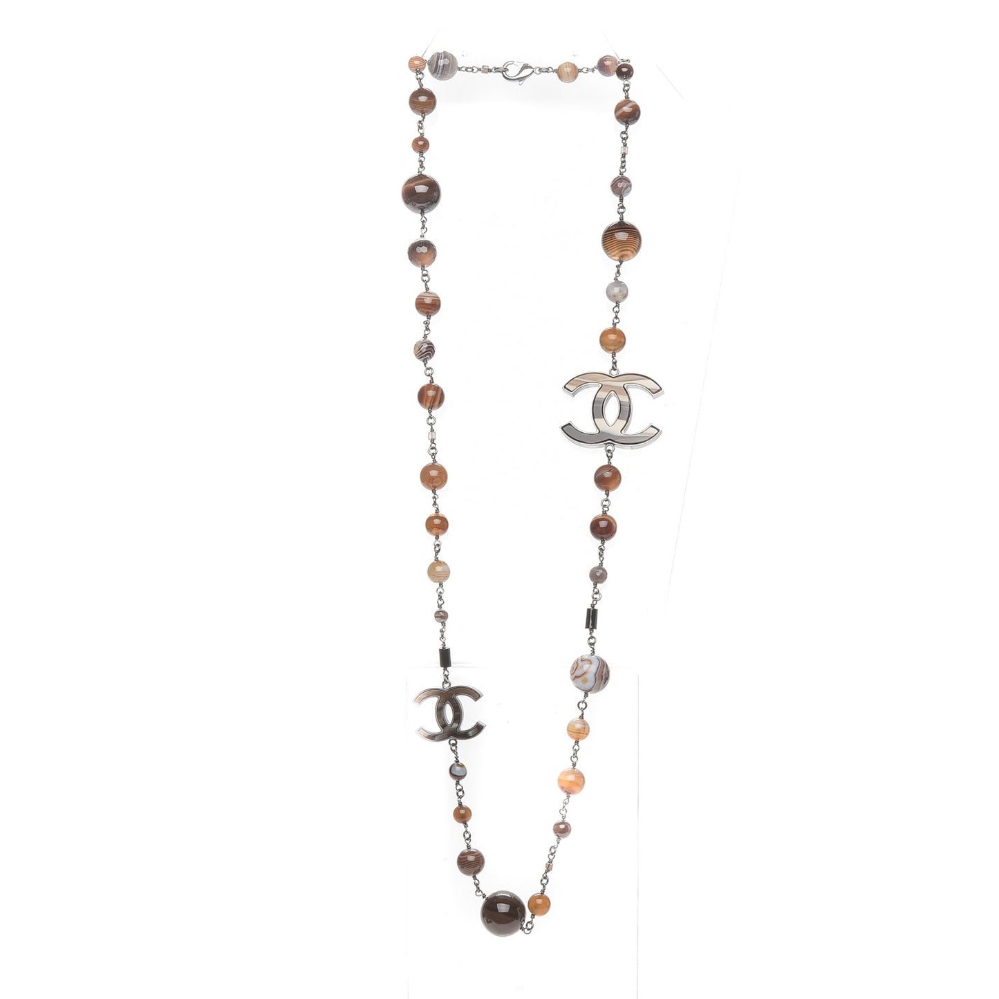 Bead Enamel CC Long Necklace Brown Silver