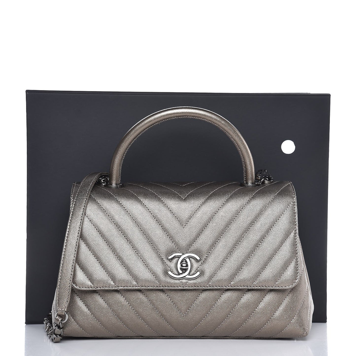 Metallic Caviar Chevron Quilted Small Coco Handle Flap Light Gold